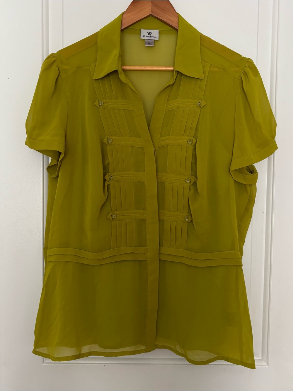 Worthington chartreuse green military inspired blouse XL work professional